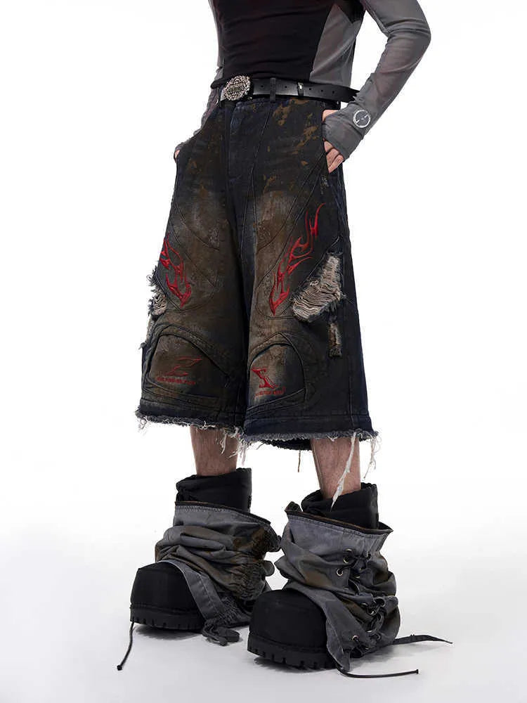 Men's retro jeans with detachable trouser legs showing mid-high waist and wide leg design
