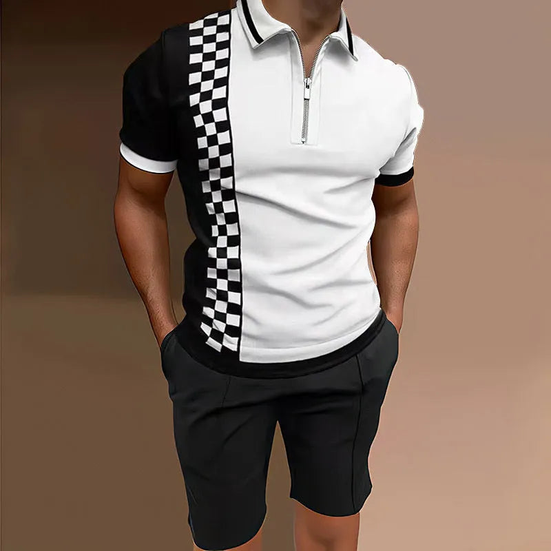 Men's printed polyester short sleeve top and matching shorts two-piece casual set