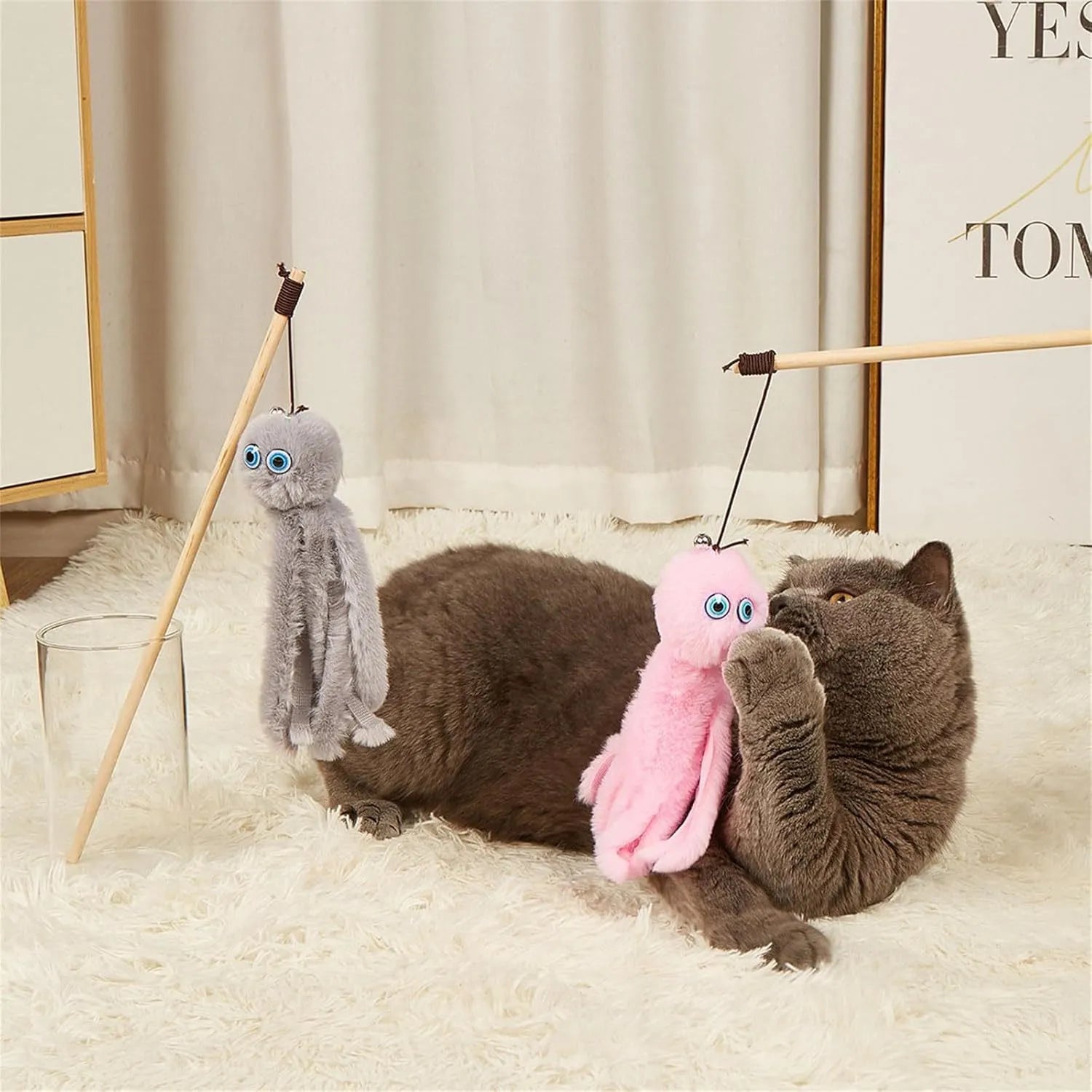 Indoor octopus cat toy with long stick for kittens and adult cats in four colour options