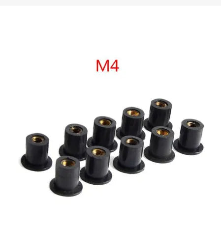 Black rubber motorcycle expansion well nuts with brass threads, set of 10 pieces in M4 M5 M6 sizes.
