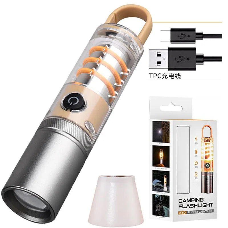 Orange 10W dual light source LED flashlight with hook and keychain attachment