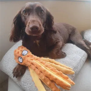 Blue octopus-shaped plush dog toy with crinkle paper and squeaker, no stuffing, for small medium large dogs.