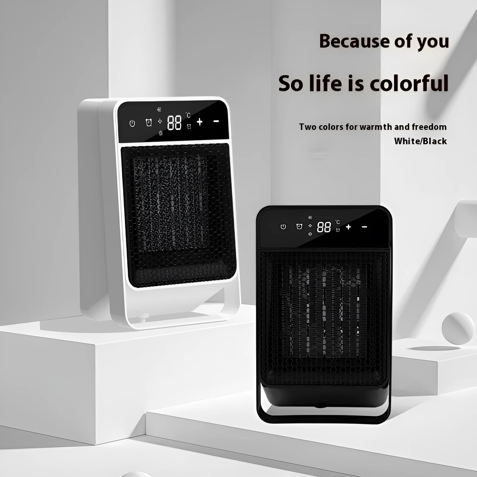 Desktop electric heater with touch screen digital display and remote control in black or white colours
