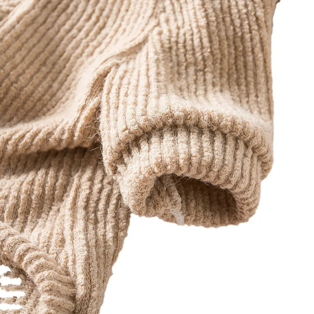 Brown knitted pullover sweater on small dog showing casual design with five size options