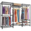 Black freestanding metal garment storage rack for hangers, trousers, and ties
