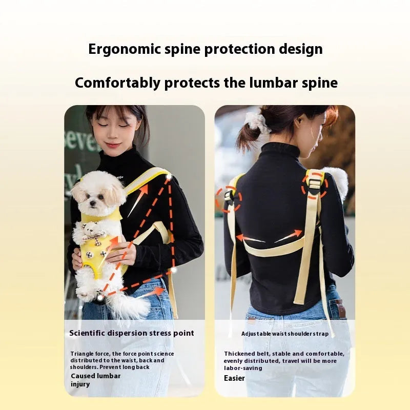 Cartoon cute chest bag pet carrier in canvas with colourful stitching patterns and adjustable sizing