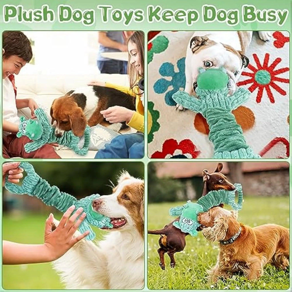 Large squeaky plush dog toy shaped like a hippo or monkey with a tug handle