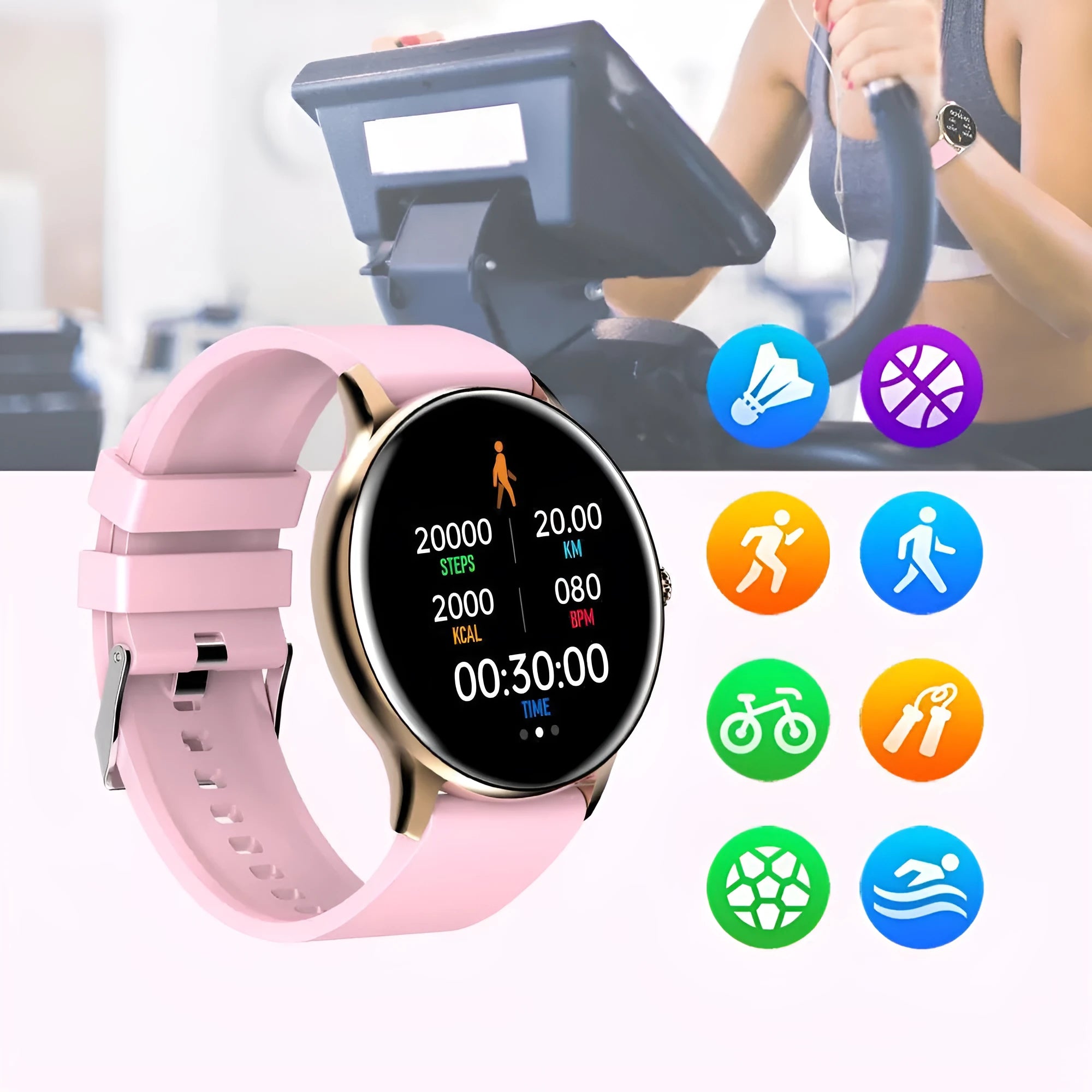Smart sports watch with blood pressure monitoring on silicone wristband showing touchscreen display
