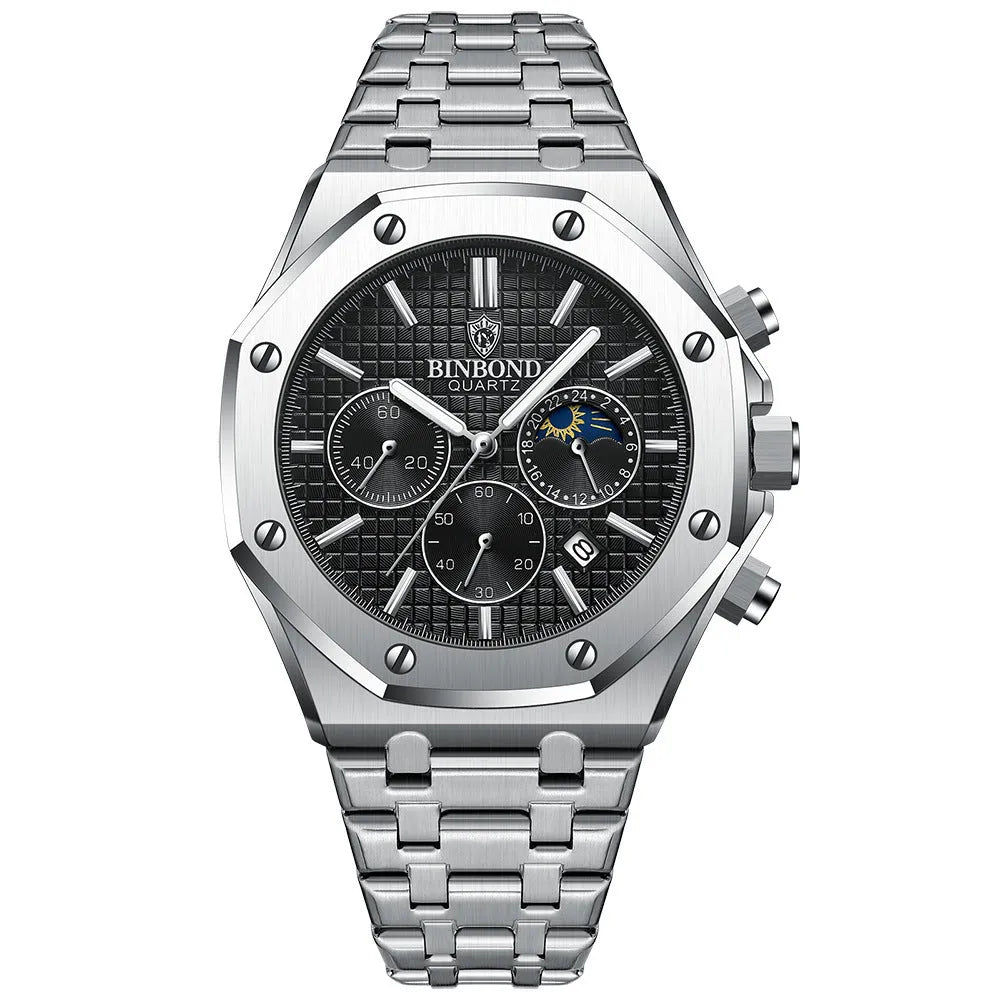 Men's multi-function sports watch with 42mm round metal dial, quartz movement, and butterfly buckle strap