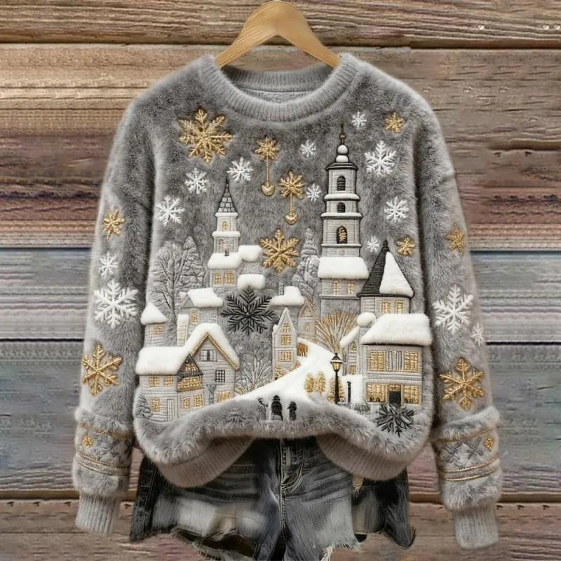 Women's round-neck sweatshirt with 3D effect pattern and loose fit in polyester fabric