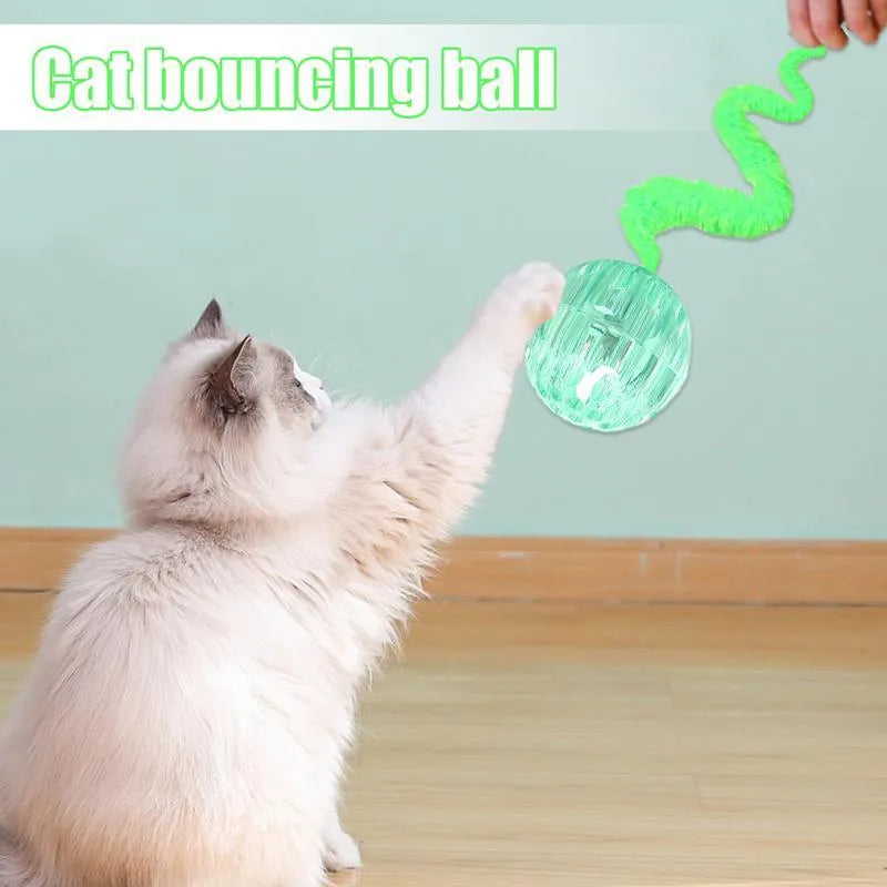 Interactive cat ball toy with elastic worm tail in green colour on wooden floor