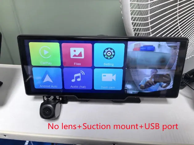 Black 10.26-inch car navigation device with dual recording cameras and suction mount for windscreen installation