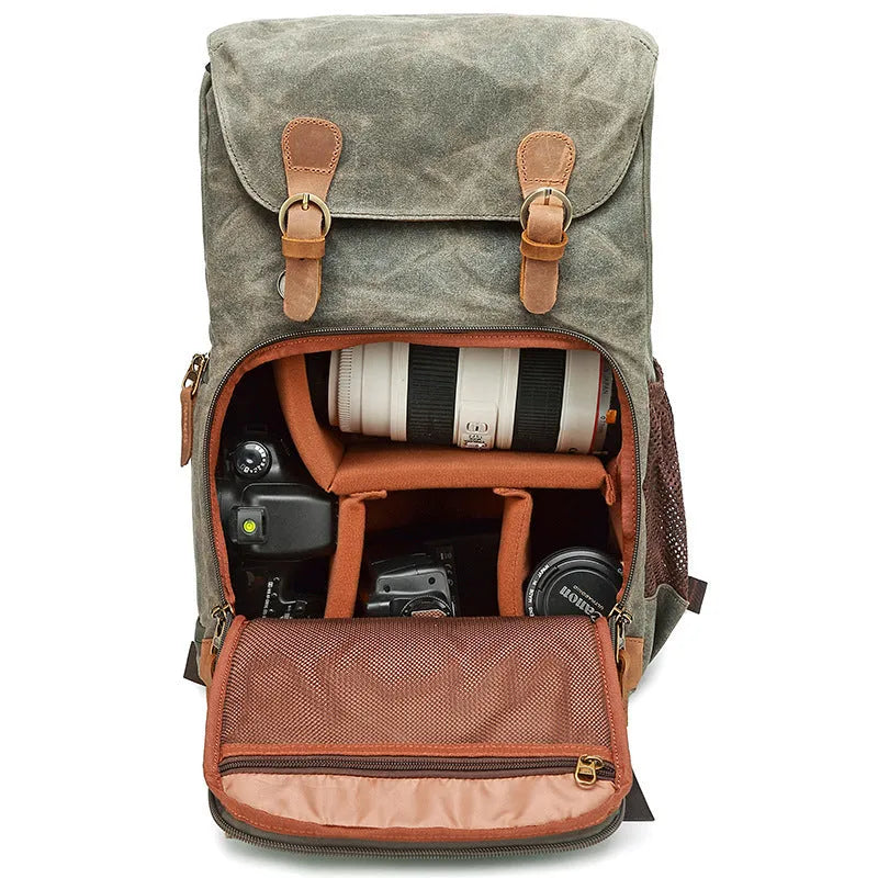 Canvas DSLR camera backpack in khaki colour with waterproof and anti-shock features