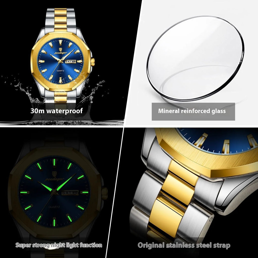 Men's thin steel quartz watch with a business-style case and bracelet on a wrist.