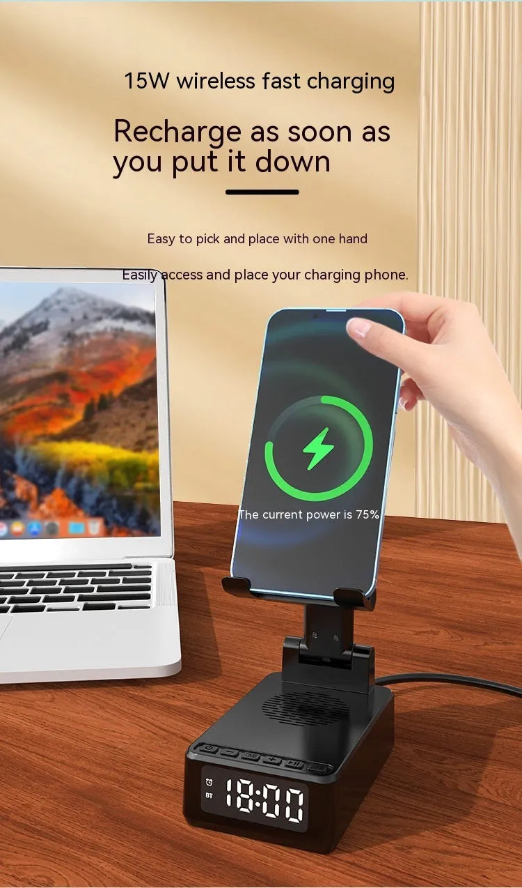 Multi-function desktop bracket with wireless charger and Bluetooth speaker in black