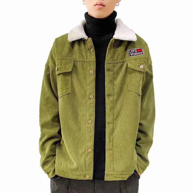 Men's loose fit corduroy workwear jacket in khaki colour with side pockets