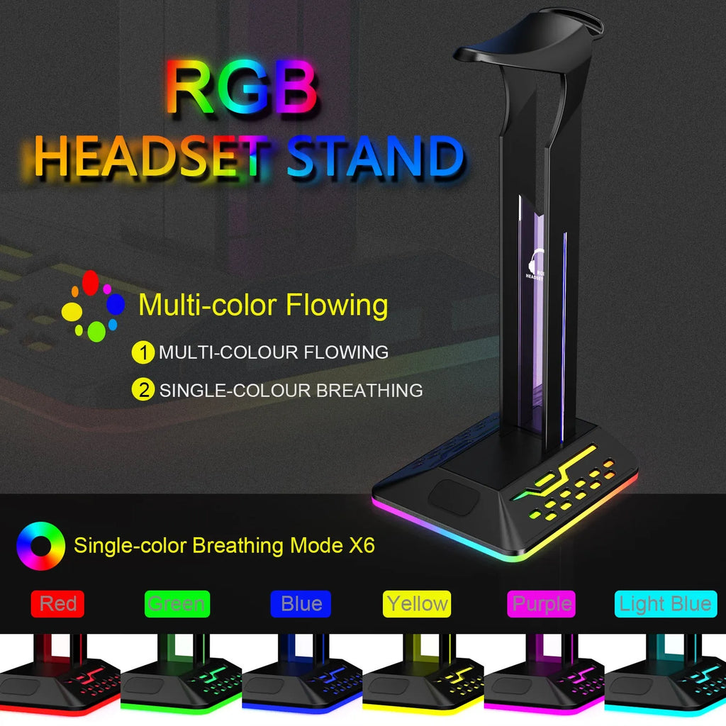 RGB LED headphone display stand with dual USB ports in front, shown in acrylic black finish.