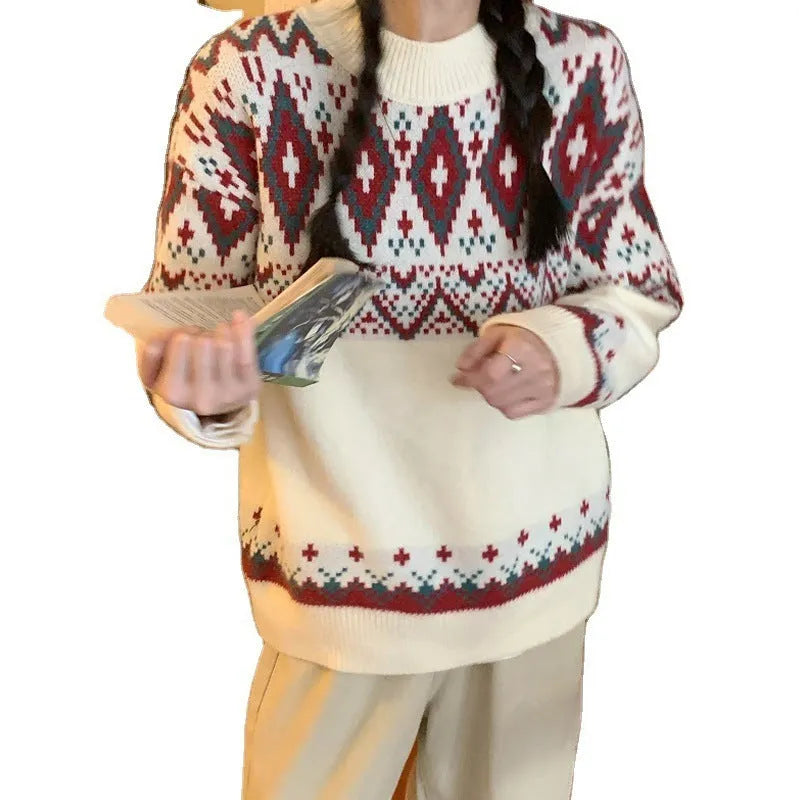 Red and white striped loose retro pullover knitted top with long sleeves
