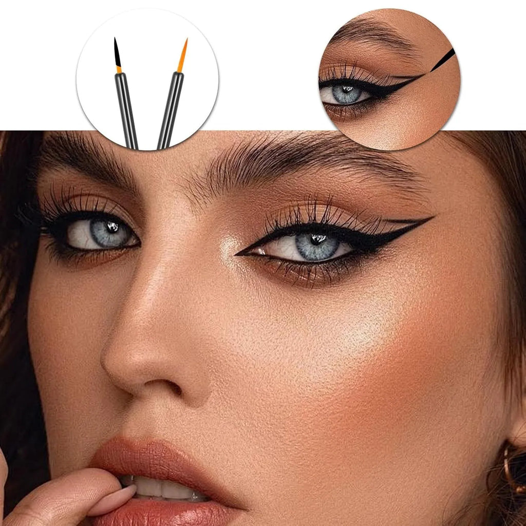 Pack of 100 black disposable eyeliner brushes with fine point tips and clear plastic protective sleeves.