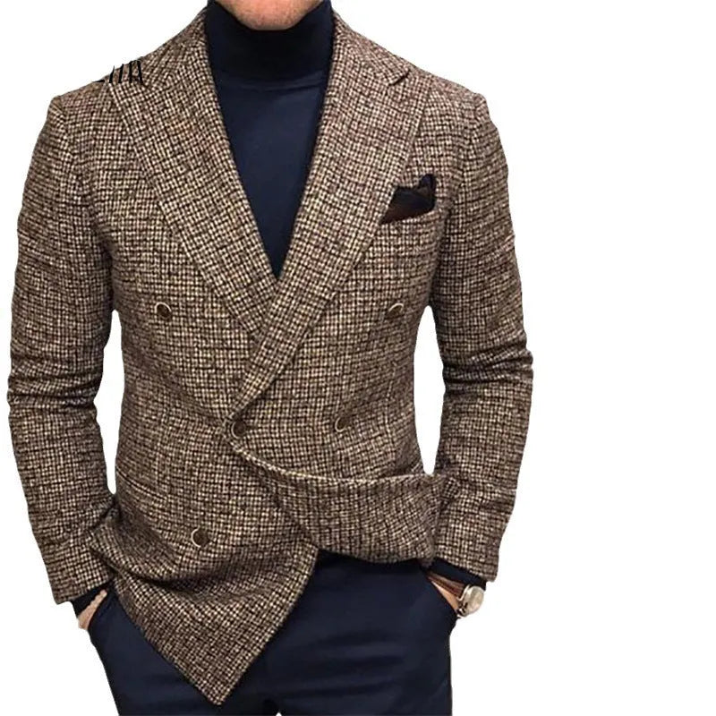 Men's loose casual plaid jacket in gray with side pockets, knitted polyester fabric, slim fit