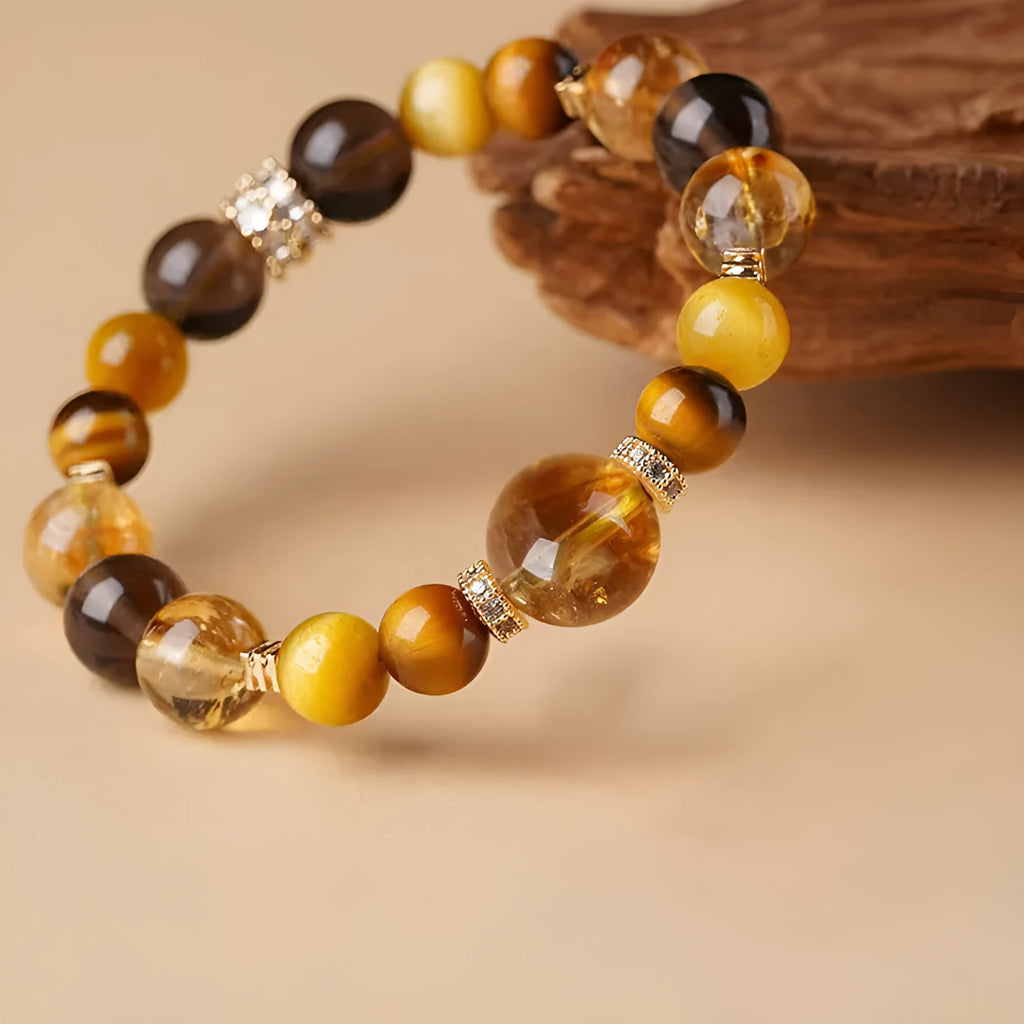 10mm natural yellow tower crystal tiger-eye bracelet with lucky K-boxing geometric pattern