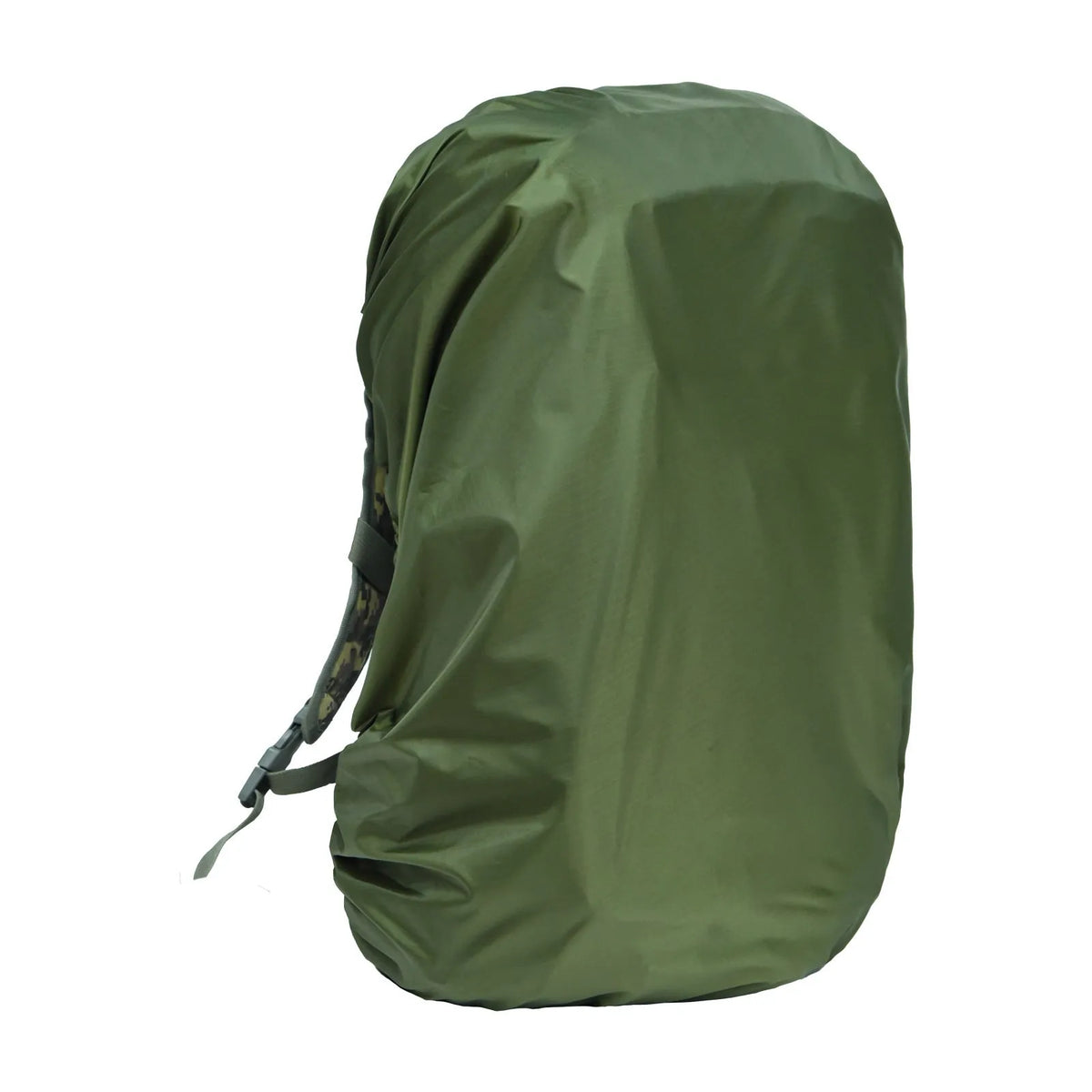 Waterproof PU backpack rain cover in army green, shown fitted over a large hiking rucksack.