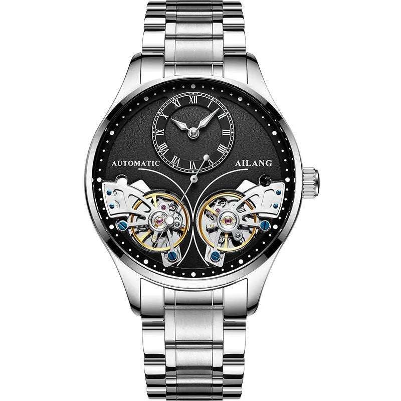 Automatic men's watch with tourbillon and moon phase on a black dial in a titanium case.