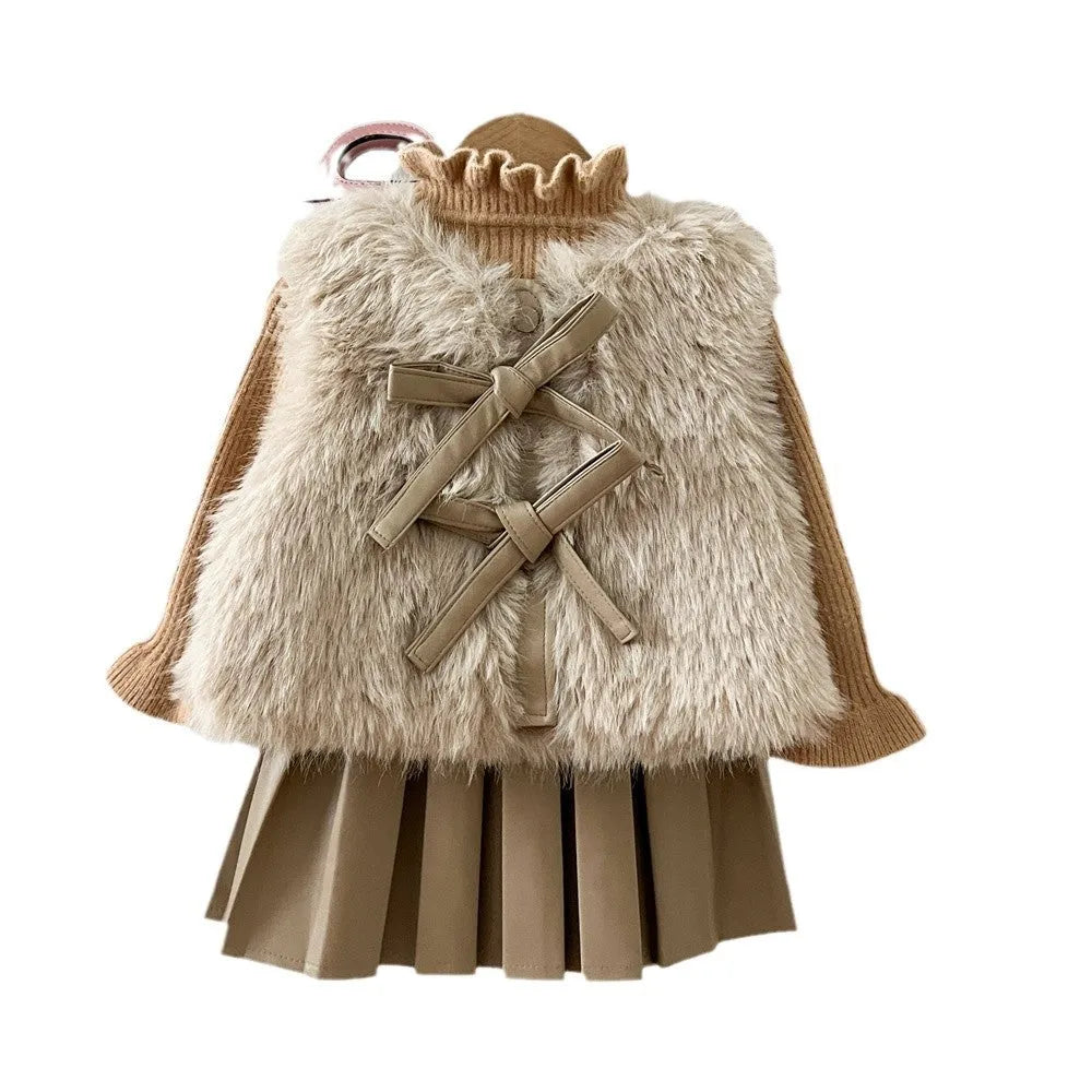 Girls autumn winter fur waistcoat leather skirt suit set in solid colour Korean style for 110cm to 150cm height