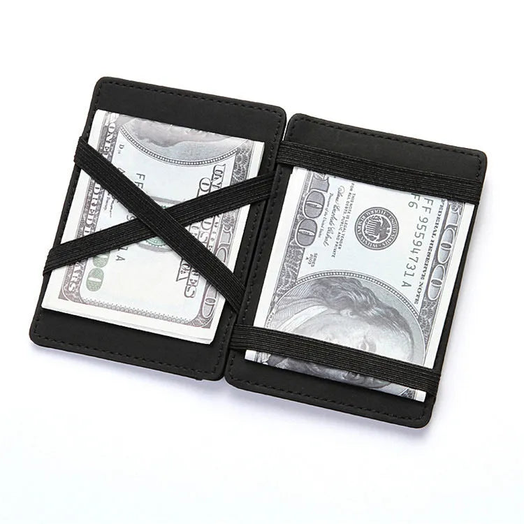 PU leather magic flip wallet in a solid colour with sewing lines, showing card holder and zippered coin purse.