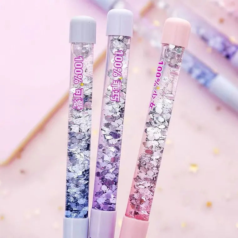 Glitter quicksand pen with 0.5mm tip in purple fairy wand style, black ink, 16cm plastic case