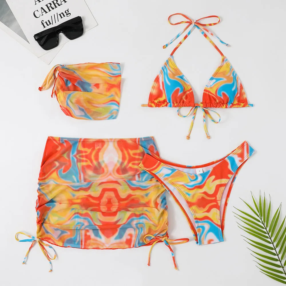 Women's split four-piece skirt tie-dyed bikini swimsuit in floral print, orange white colour, sleeveless two-piece set