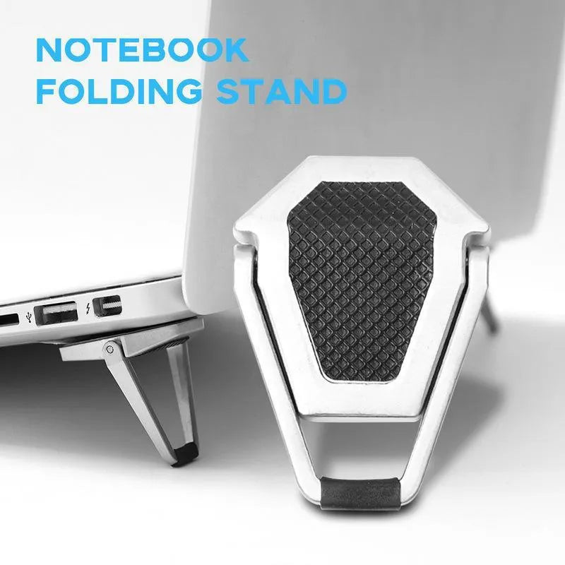 Small foldable aluminium alloy laptop bracket in silver, shown next to 3M adhesive strips for mounting.