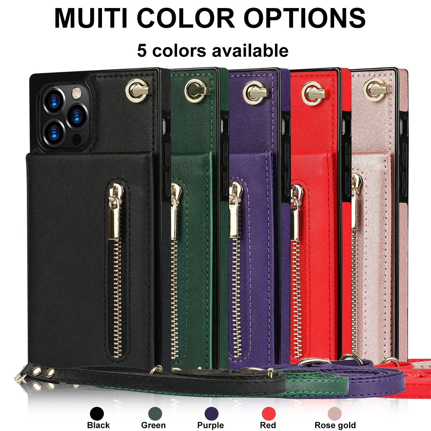 Genuine leather mobile phone case for Samsung and iPhone models in black, green, purple, red, and rose gold colours.