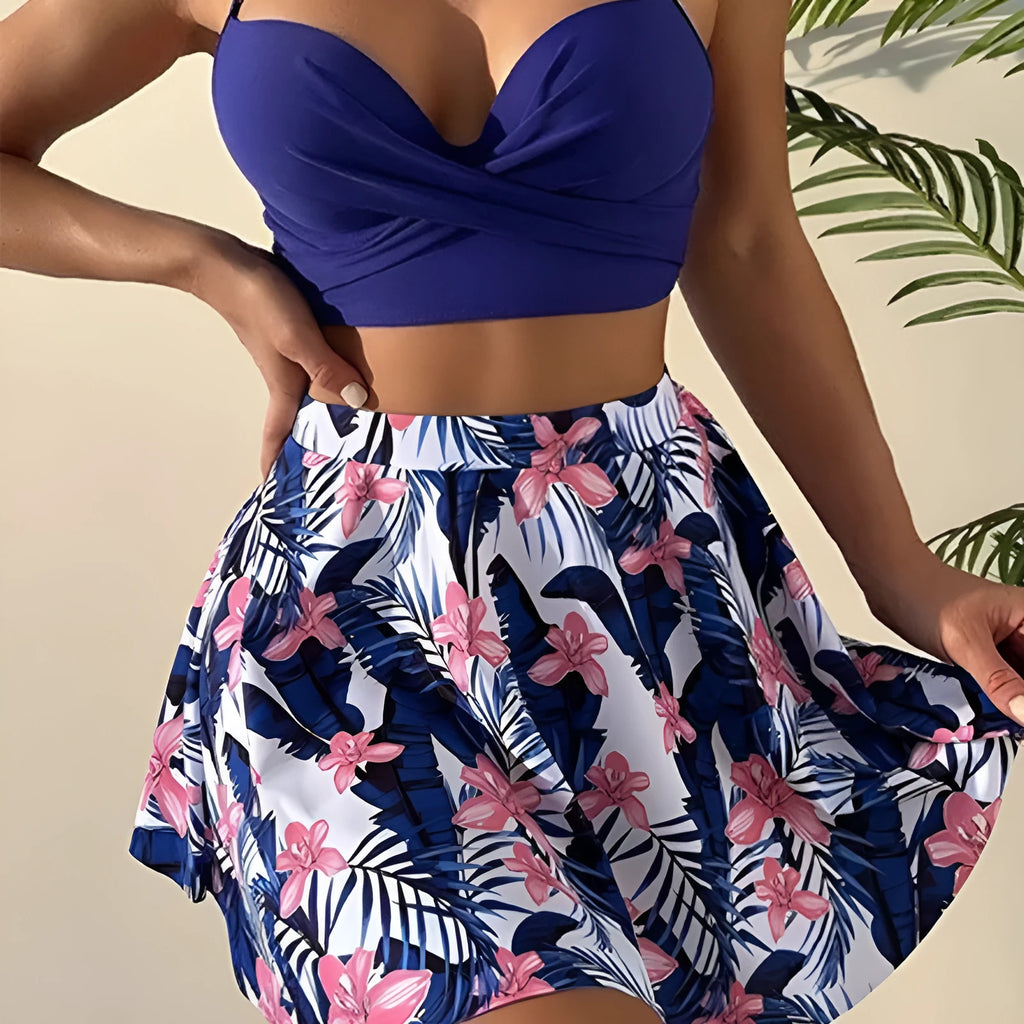 Women's high-waisted three-piece polyester bikini set in three colour options.