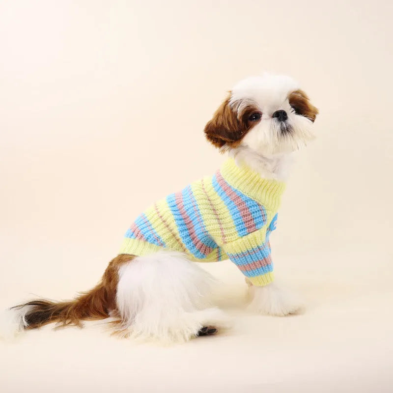 Blue and yellow striped wool dog sweater for small breed dogs in casual winter style
