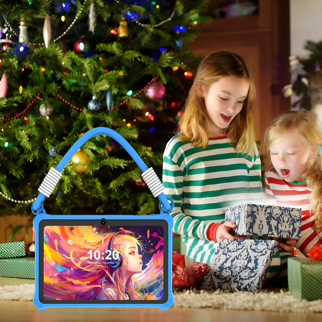 Sapphire blue silicone protective case with strap for a 7-inch children's tablet.