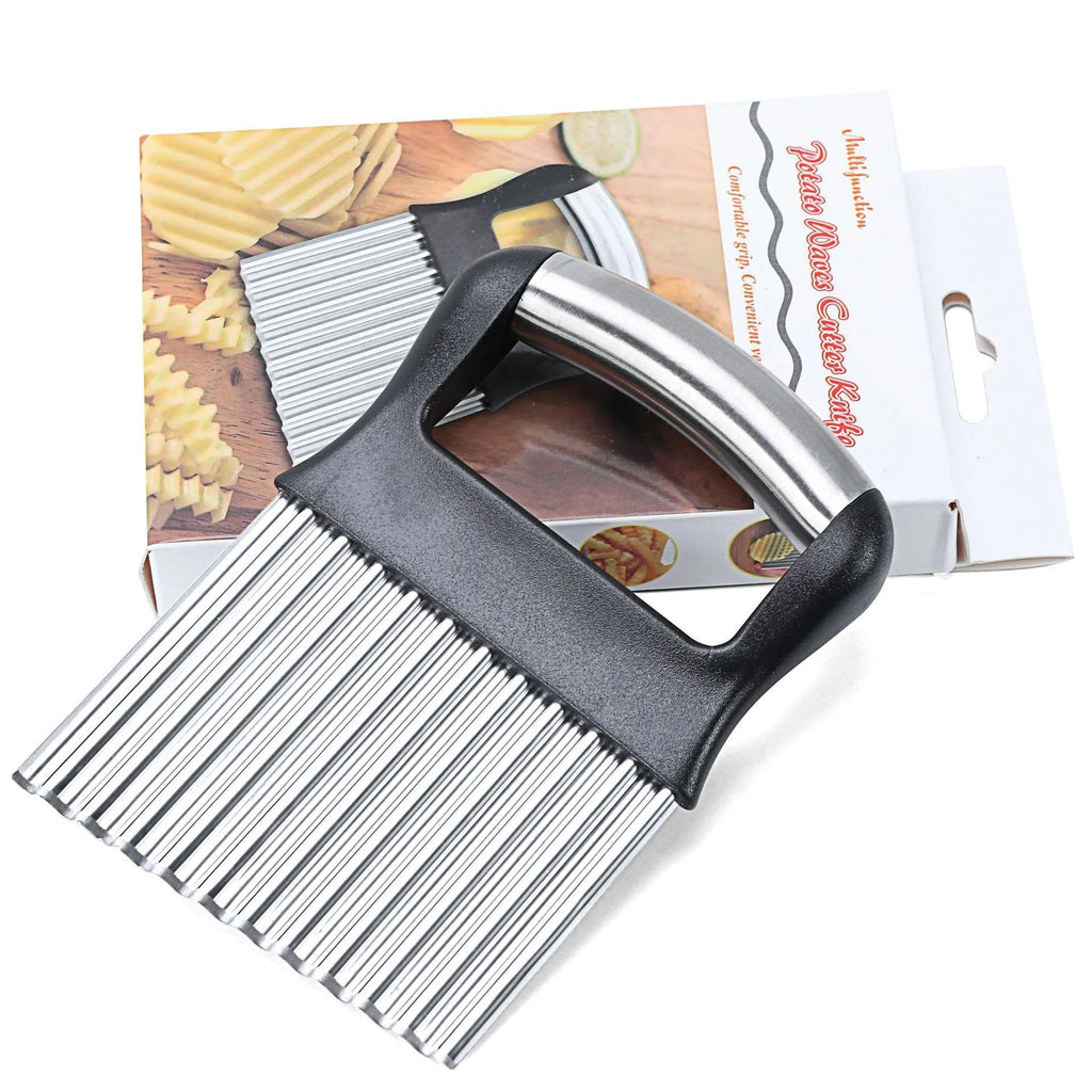 Stainless steel potato wave crinkle cutter knife on a kitchen worktop.