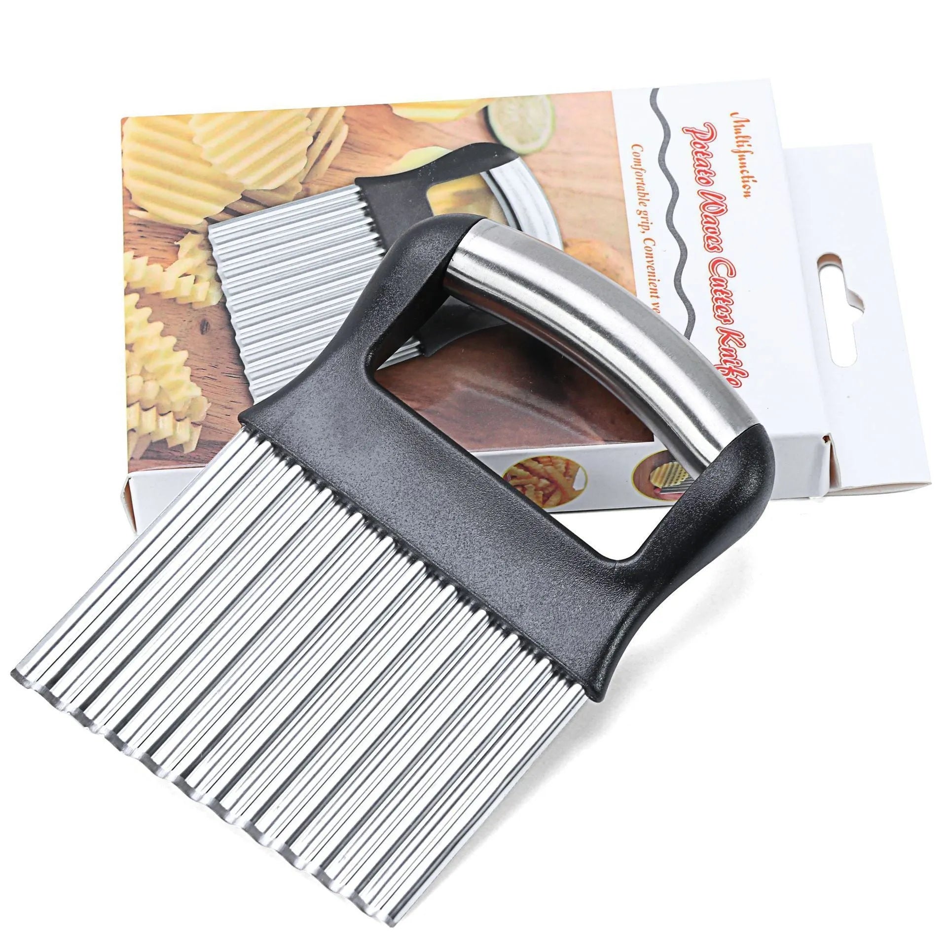 Stainless steel potato wave crinkle cutter knife on a kitchen worktop.