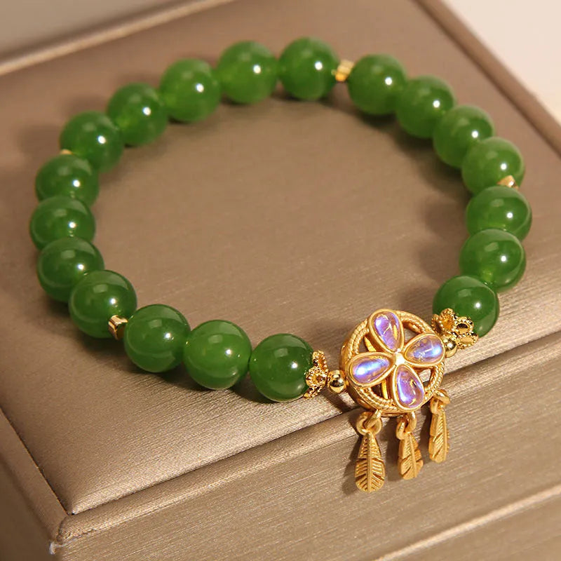 Green Jasper bracelet for women with crystal four-leaf clover dream catcher pendant