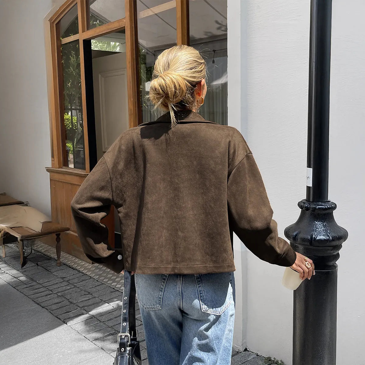 Women's Brown turn-down collar long sleeve jacket coat with regular sleeves, available in sizes S to XL.