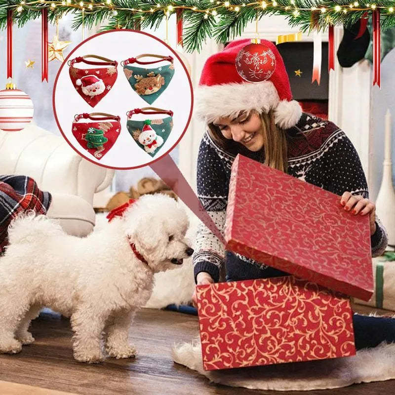 Red Christmas pet handkerchief scarf with Santa Claus and Christmas tree appliques, adjustable collar fit 9.06-15.75 inches.