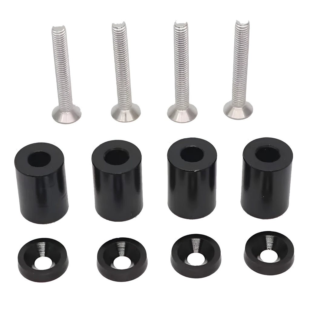 Aluminium machine cover pad height sheet with screws, nuts, washers in black, blue, and red colours.