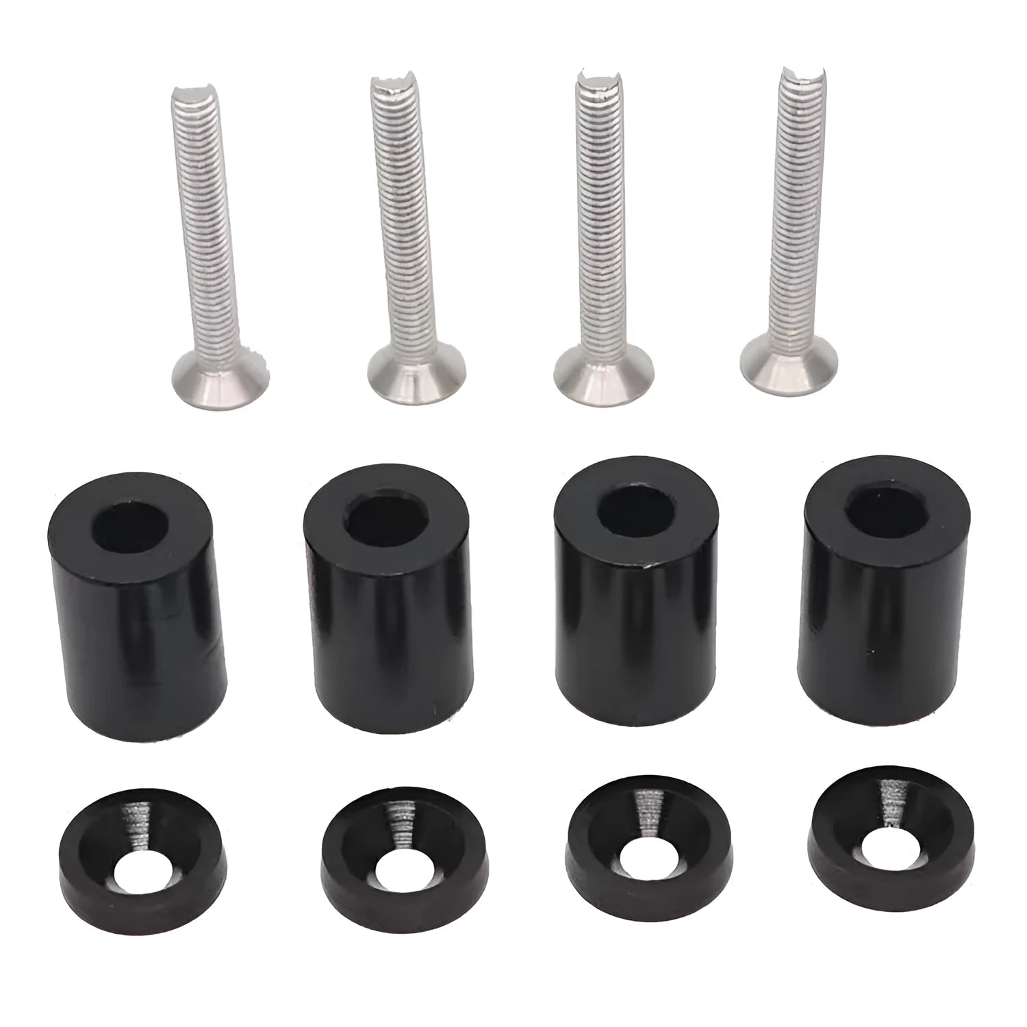 Aluminium machine cover pad height sheet with screws, nuts, washers in black, blue, and red colours.