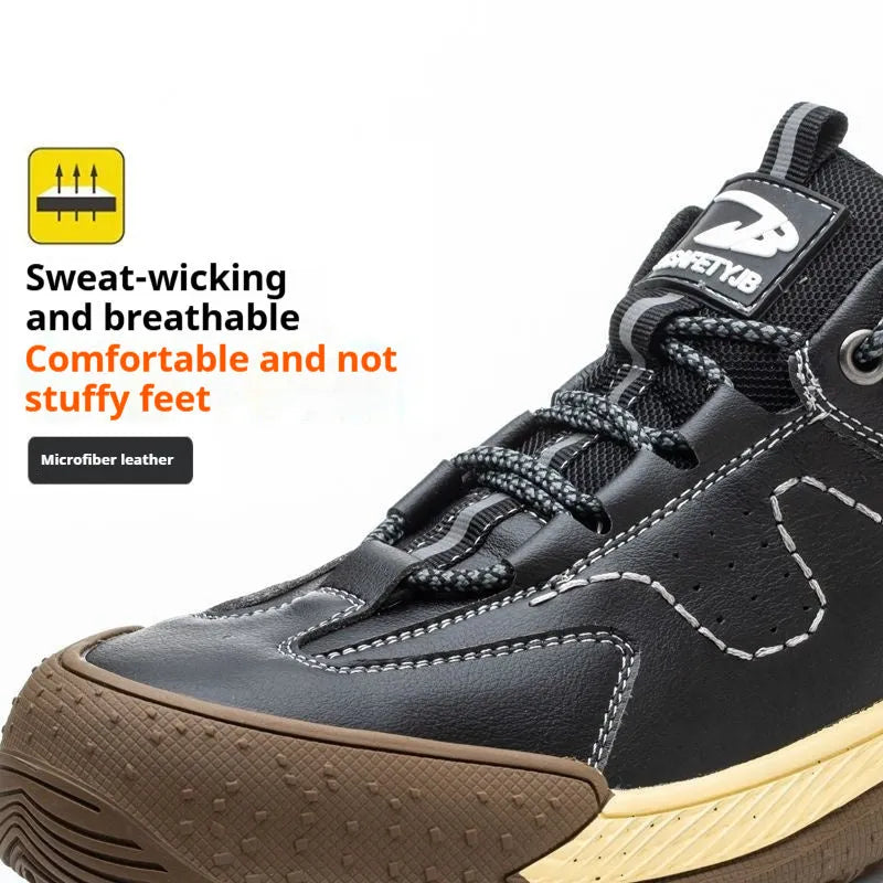 Men's black leather work safety shoes with rubber soles on a grey background