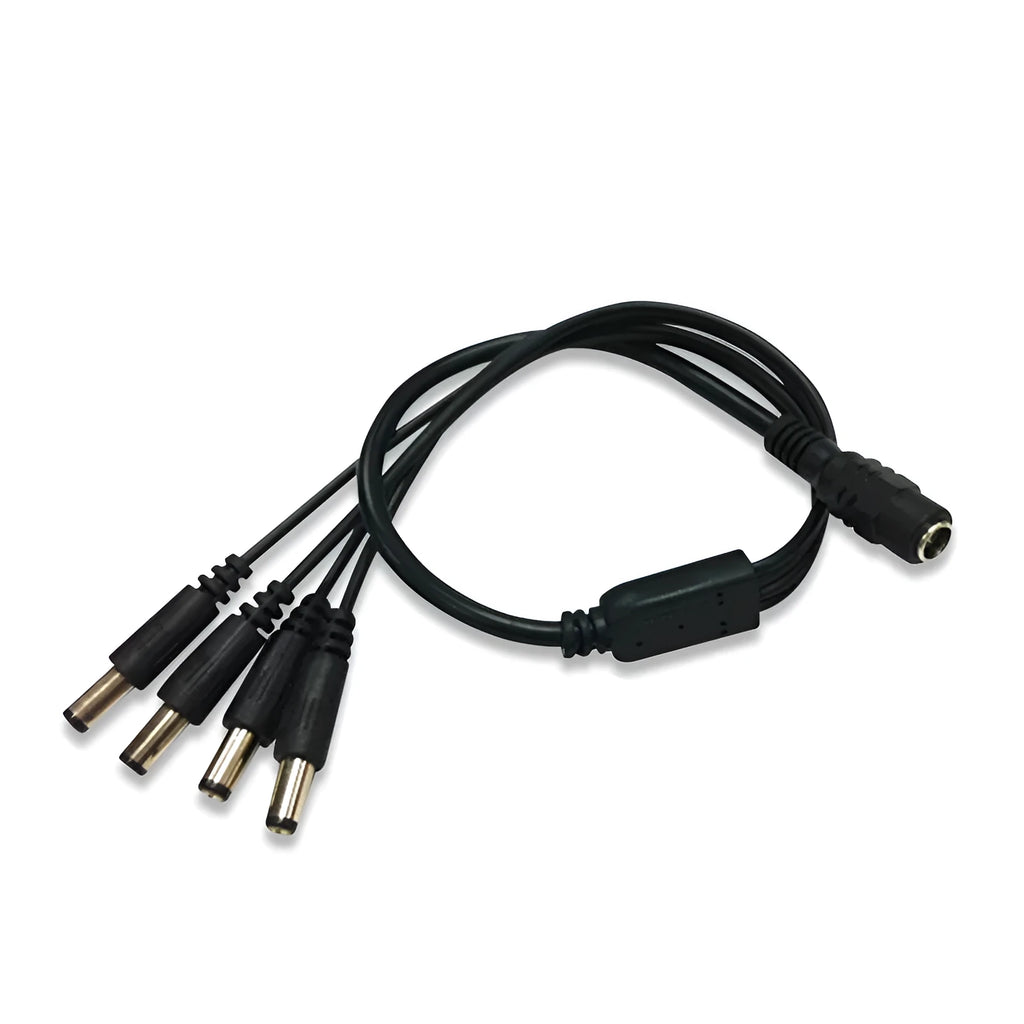 Black DC monitoring power cord with one-in-four interface and 5.5mm connectors for security systems