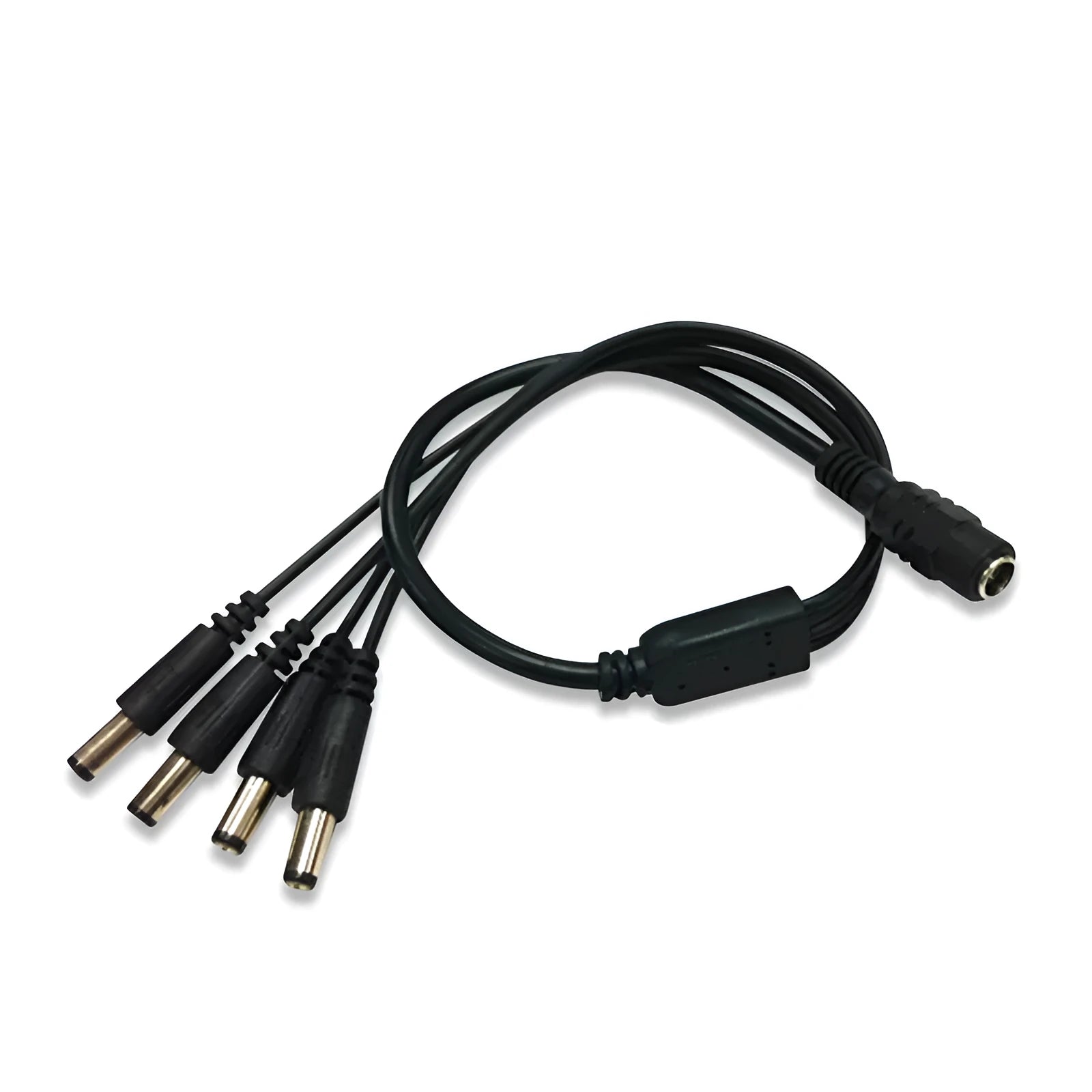 Black DC monitoring power cord with one-in-four interface and 5.5mm connectors for security systems