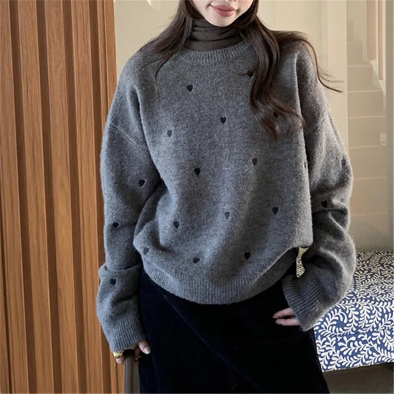 Women's loose fit acrylic pullover sweater with love pattern embroidery in milky white colour