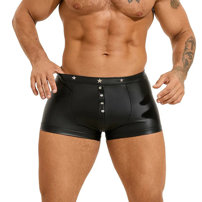 Black PU leather men's boxer shorts with a U-pouch design on a size chart.