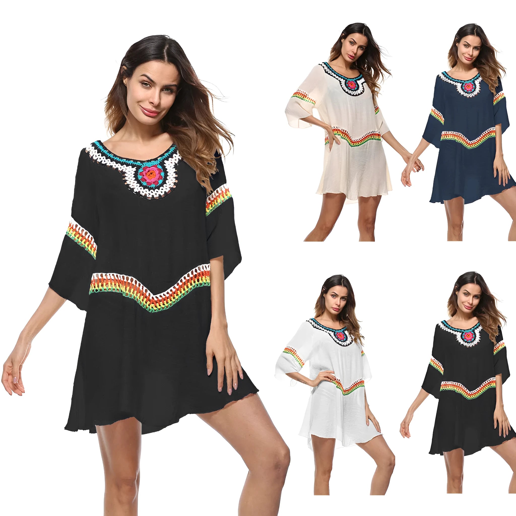Women's crocheted ethnic style beach cover-up for sun protection, shown in apricot colour