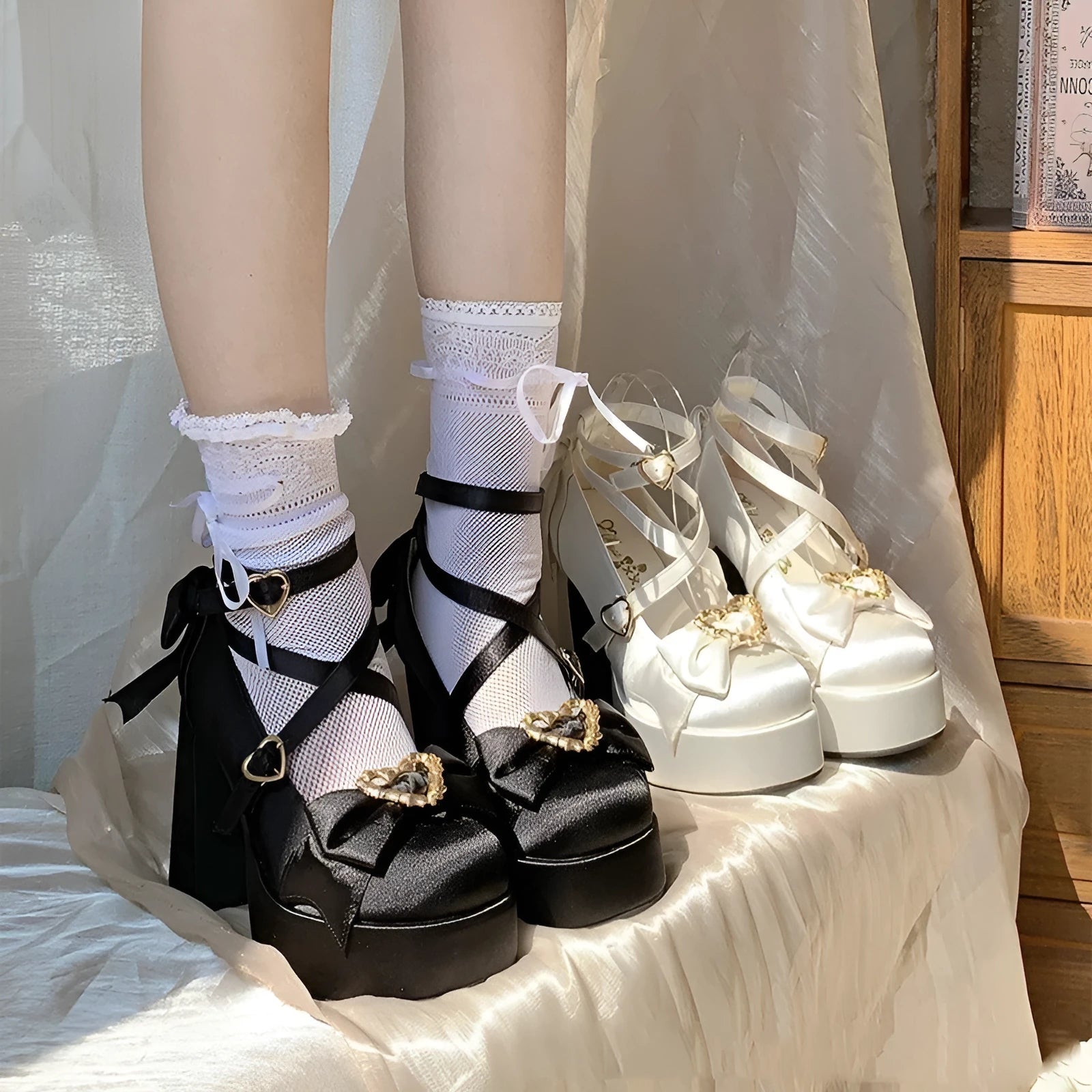 Waterproof platform satin thick heel pumps with bowknot cross buckle strap in red